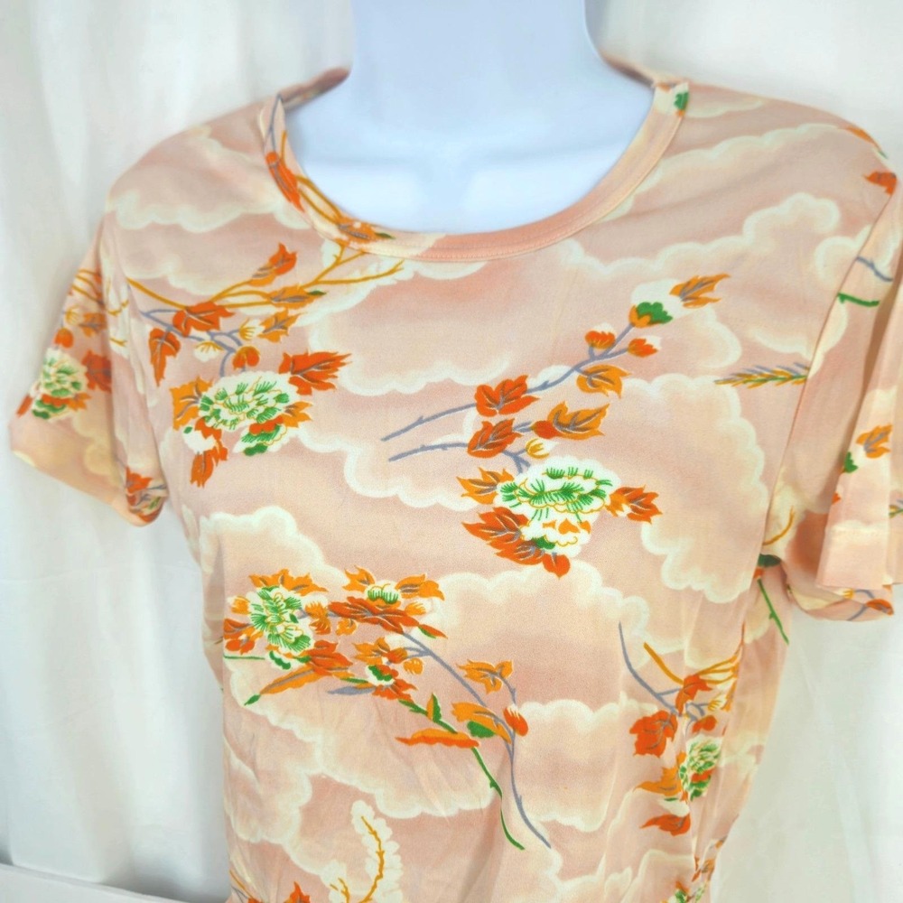 Knits‎ Vintage 70s Peach Orange Floral Asian Design Print Nylon Stretch T-Shirt
